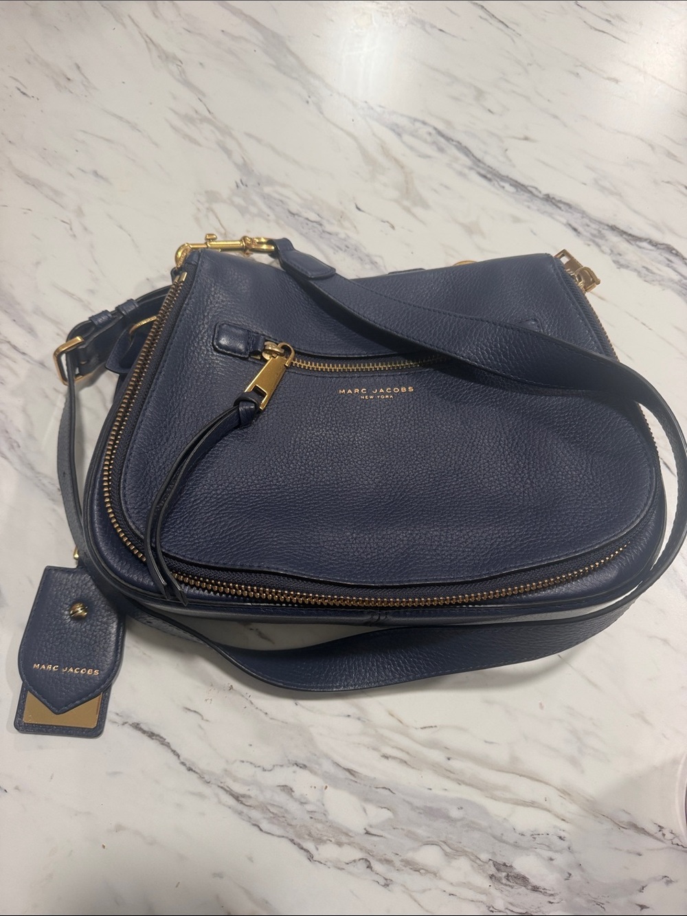 Marc Jacobs Navy Pebbled Leather Crossbody Saddle Bag with Gold-Tone Hardware